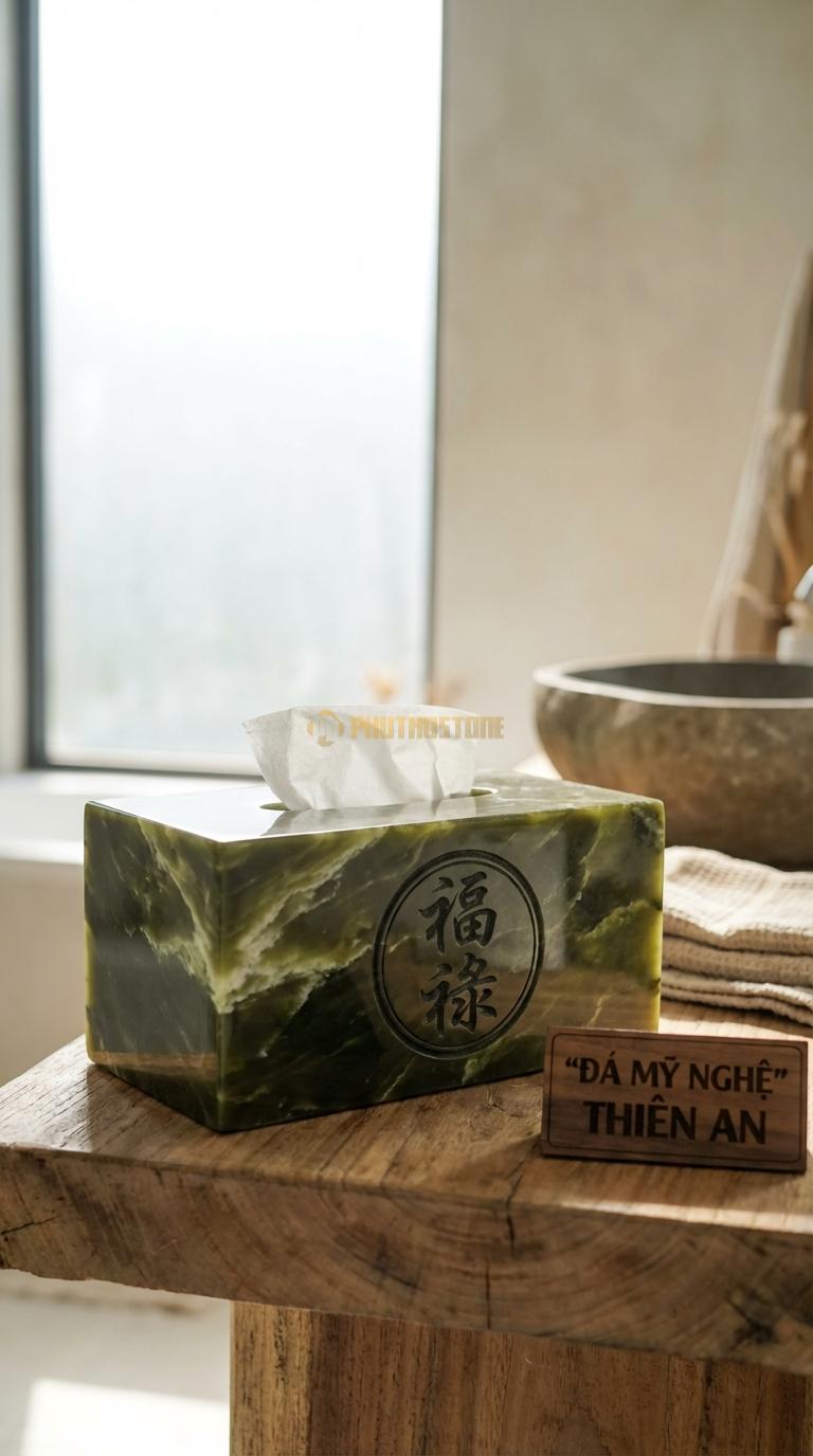 Hộp Giấy Đá Serpentine Chữ Phúc – Lộc Chữ Hán Hoặc Việt Thư Pháp Trong Khung Tròn 24cm x 13cm x 11cm