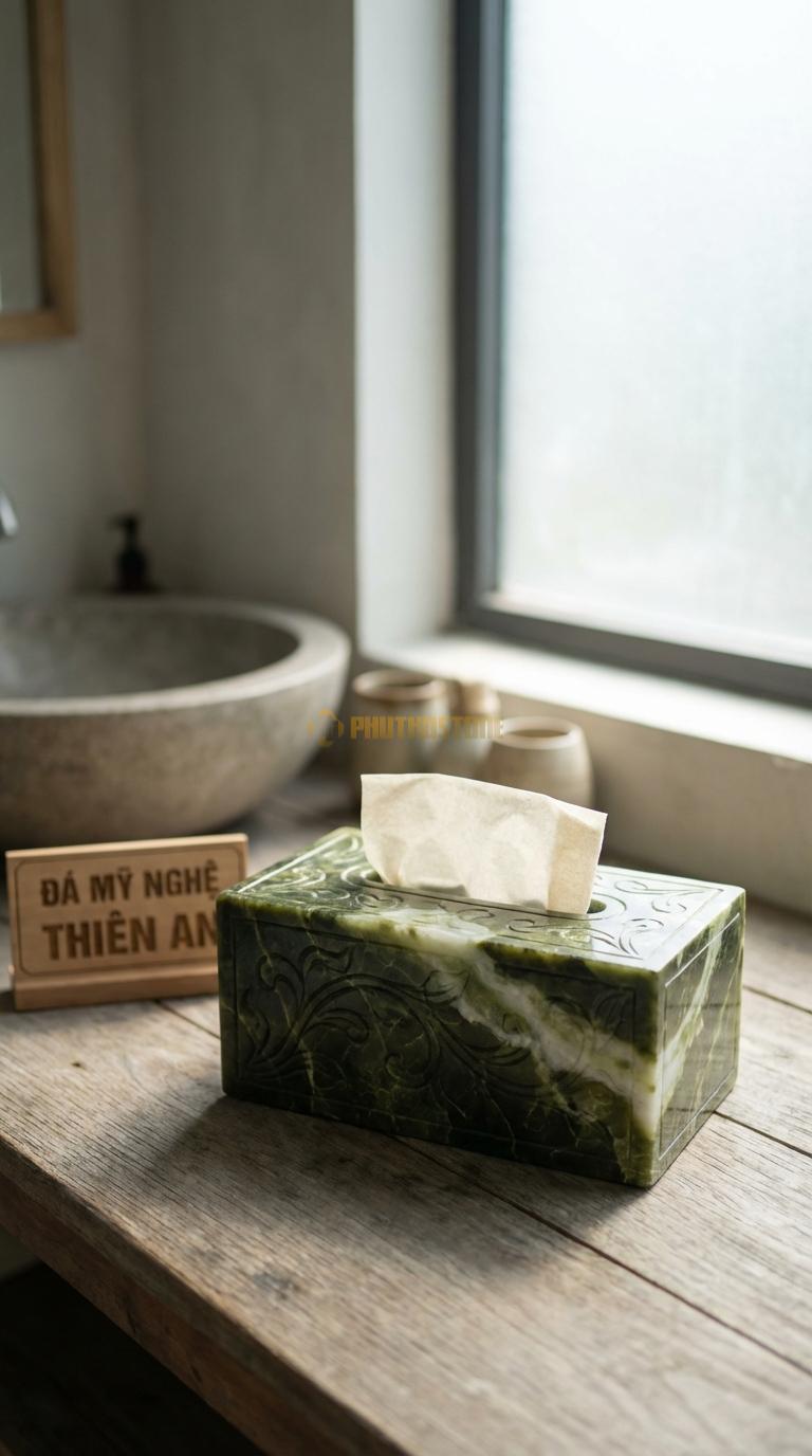 Hộp Giấy Đá Serpentine Giả Cổ (Rạn) Xử Lý Bề Mặt Nứt Rạn Giả Cổ, Chạm Hoa Dây 23cm x 13cm x 10cm