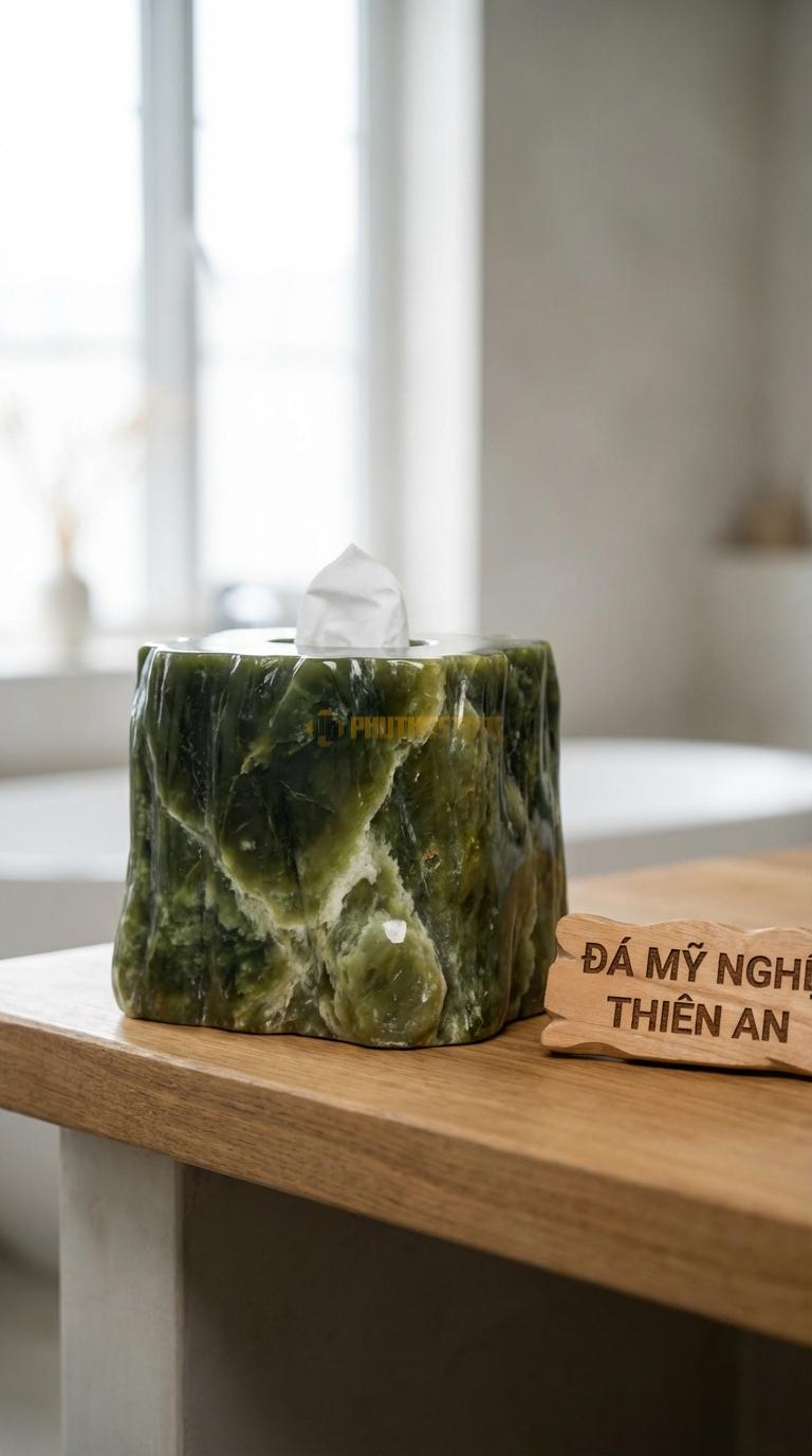 Hộp Giấy Đá Serpentine Hình Gốc Cây Chạm Khắc Sần Sùi Giả Gốc Cây Cổ Thụ 24cm x 14cm x 11cm