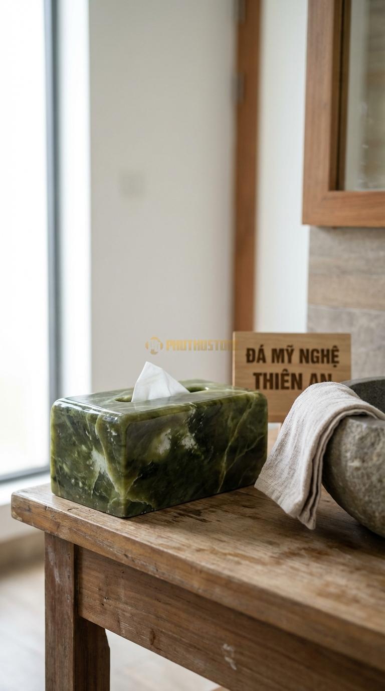 Hộp Giấy Đá Serpentine Hoa Mẫu Đơn Chạm Dây Hoa Mẫu Đơn Phú Quý Nở Rộ 24cm x 13cm x 11cm