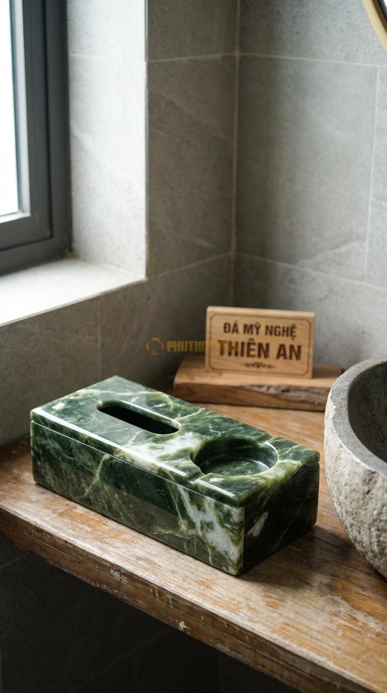 Hộp Giấy Đá Serpentine Kèm Gạt Tàn Tích Hợp Khay Gạt Tàn Thuốc (Có Nắp Hoặc Không) 30cm x 14cm x 10cm