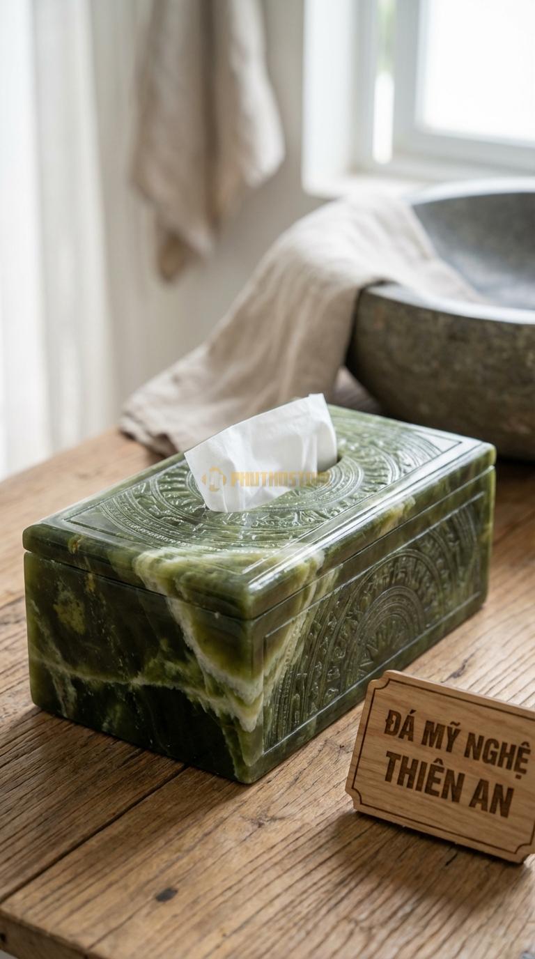 Hộp Giấy Đá Serpentine Trống Đồng Mặt Nắp/Thân Chạm Hoa Văn Trống Đồng Đôn G Sơn 23cm x 12cm x 10cm