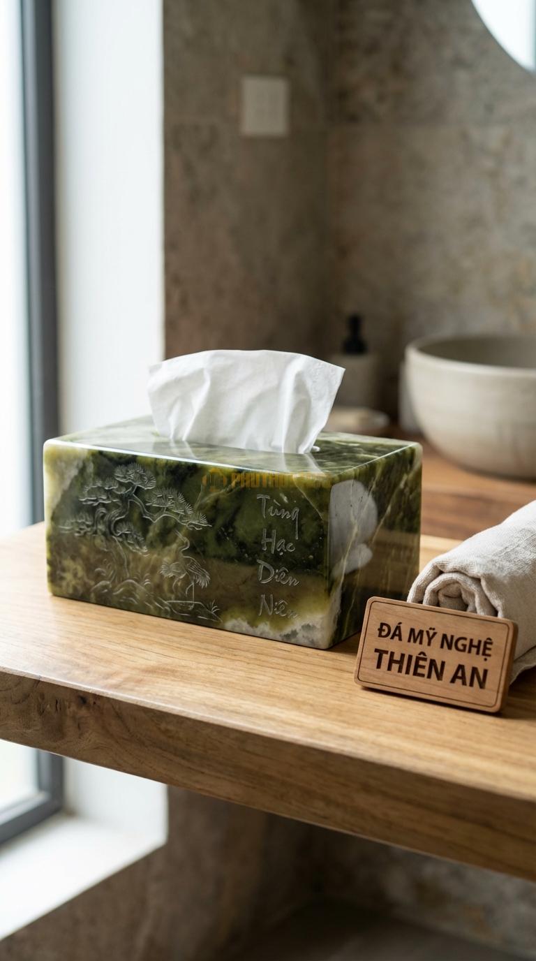 Hộp Giấy Đá Serpentine Tùng Hạc Chạm Cảnh Tùng Hạc Diên Niên (Tỉa Nét Chìm) 24cm x 13cm x 11cm