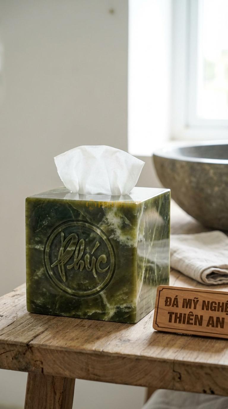 Hộp Giấy Đá Serpentine Vuông Chạm Phúc Chữ Phúc Tròn Ở Mặt Trước Hộp 14cm x 14cm x 14cm