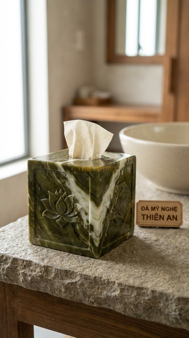 Hộp Giấy Đá Serpentine Vuông (Giấy Rút) Mẫu Vuông Vắn, Chạm Hoa Sen 4 Mặt 14cm x 14cm x 14cm