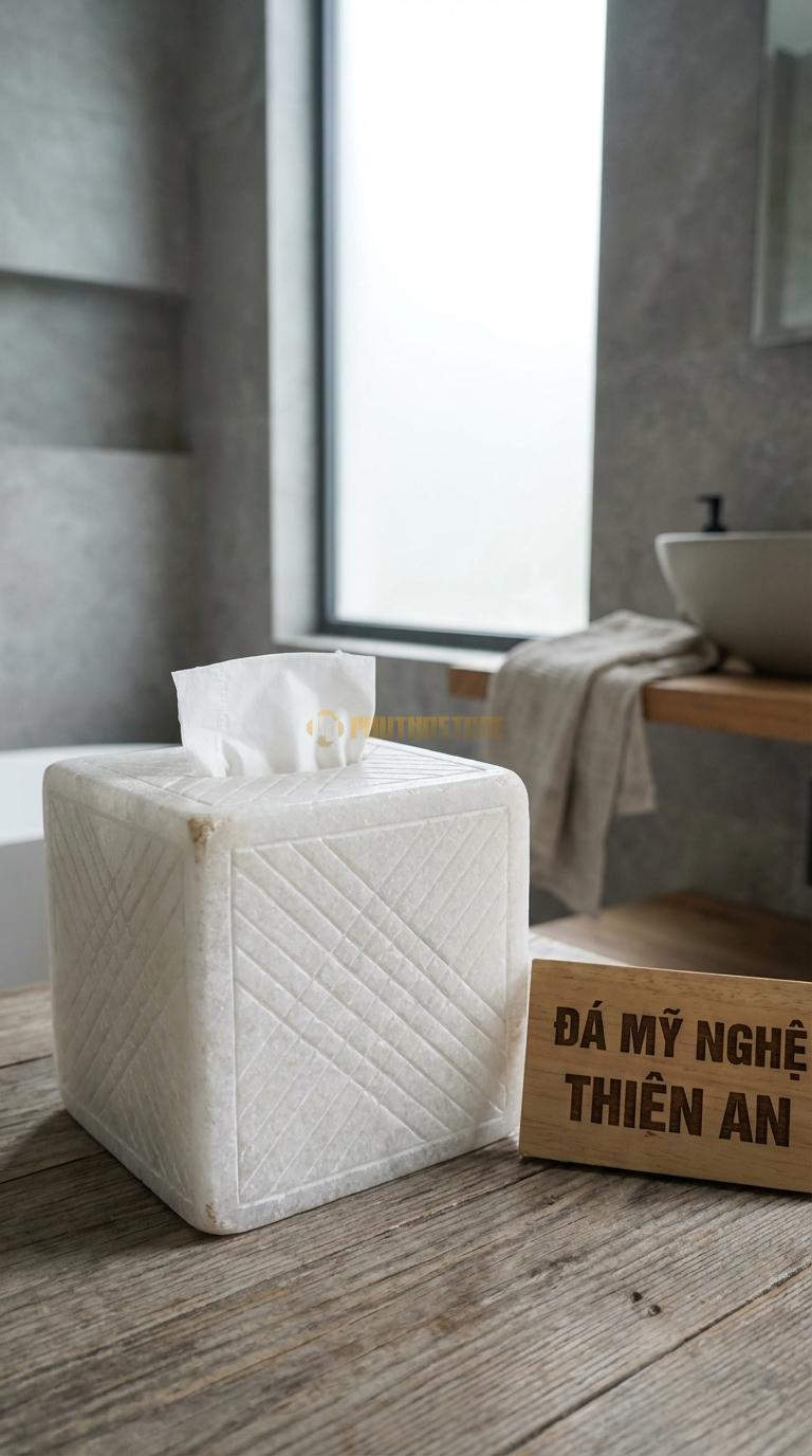 Hộp Giấy Đá Trắng Muối Chạm Kỷ Hà Họa Tiết Đường Line Đan Chéo Hiện Đại 14cm x 14cm x 14cm