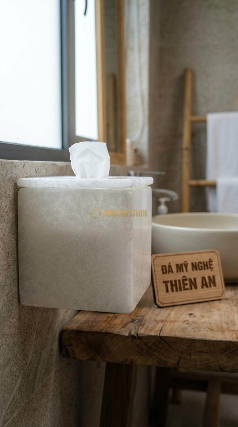 Hộp Giấy Đá Trắng Muối Gắn Tường Có Nắp Nắp Đậy Bằng Đá Mỏng Nhẹ, Tinh Xảo 15cm x 15cm x 15cm