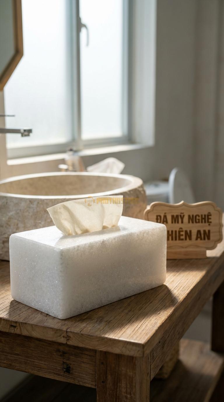 Hộp Giấy Đá Trắng Muối Trơn Bóng Kính Không Chạm, Mài Bóng Lộ Vân Đá Tự Nhiên 100% 23cm x 12cm x 10cm