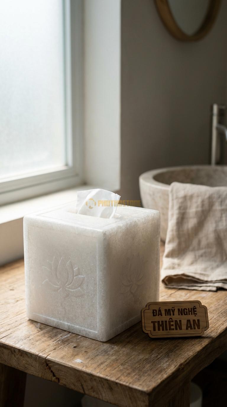 Hộp Giấy Đá Trắng Muối Vuông (Giấy Rút) Mẫu Vuông Vắn, Chạm Hoa Sen 4 Mặt 14cm x 14cm x 14cm