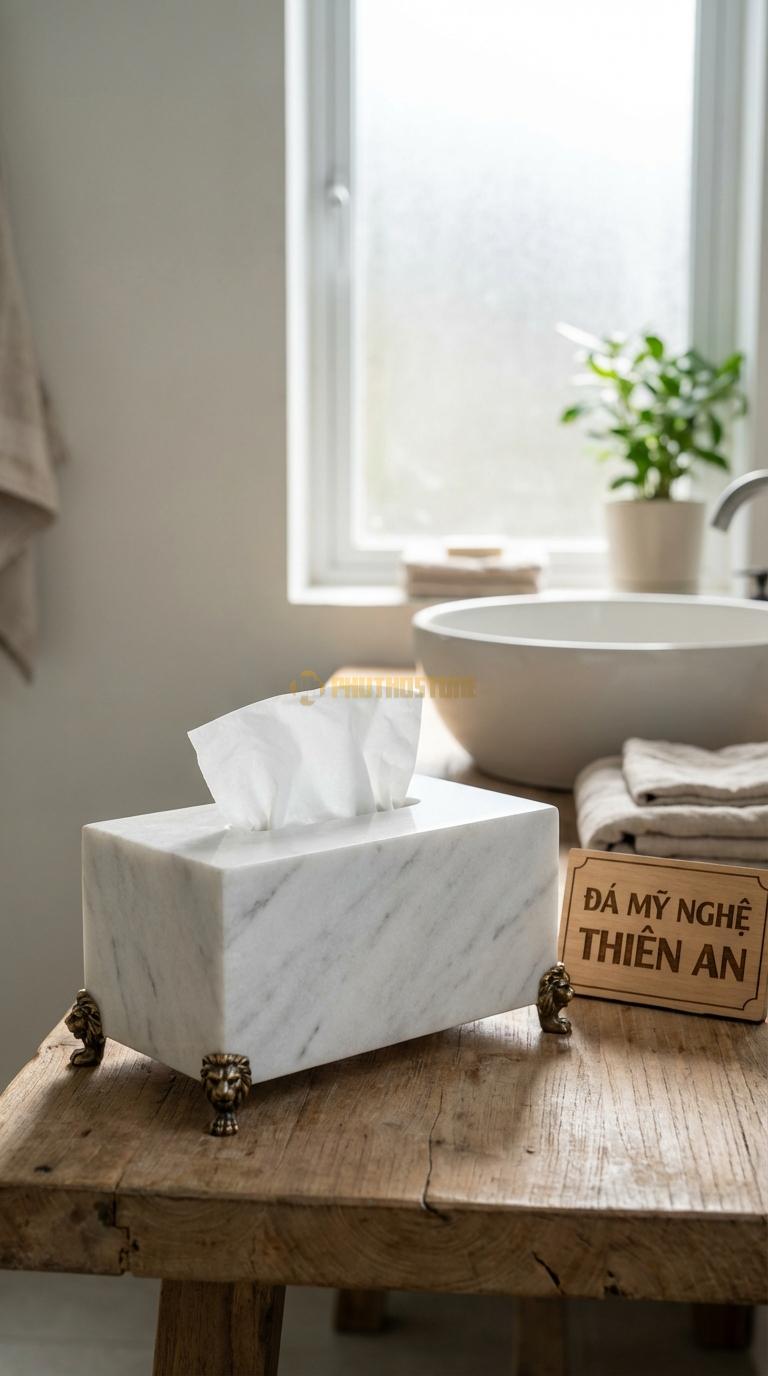 Hộp Giấy Đá Trắng Xanh Có Chân Đế Có 4 Chân Đế Đồng Hoặc Đá Chạm Đầu Lân 24cm x 14cm x 13cm (Cao Hơn)