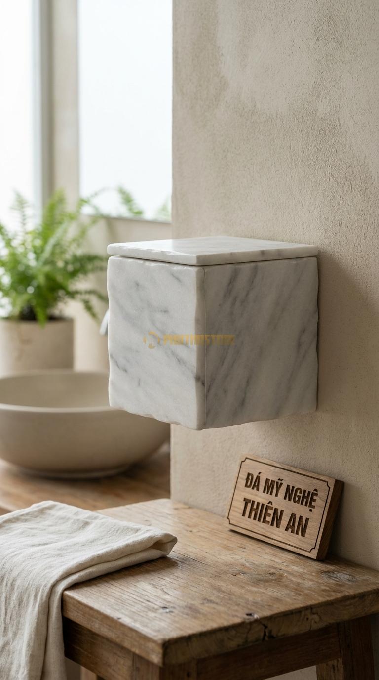 Hộp Giấy Đá Trắng Xanh Gắn Tường Có Nắp Nắp Đậy Bằng Đá Mỏng Nhẹ, Tinh Xảo 15cm x 15cm x 15cm