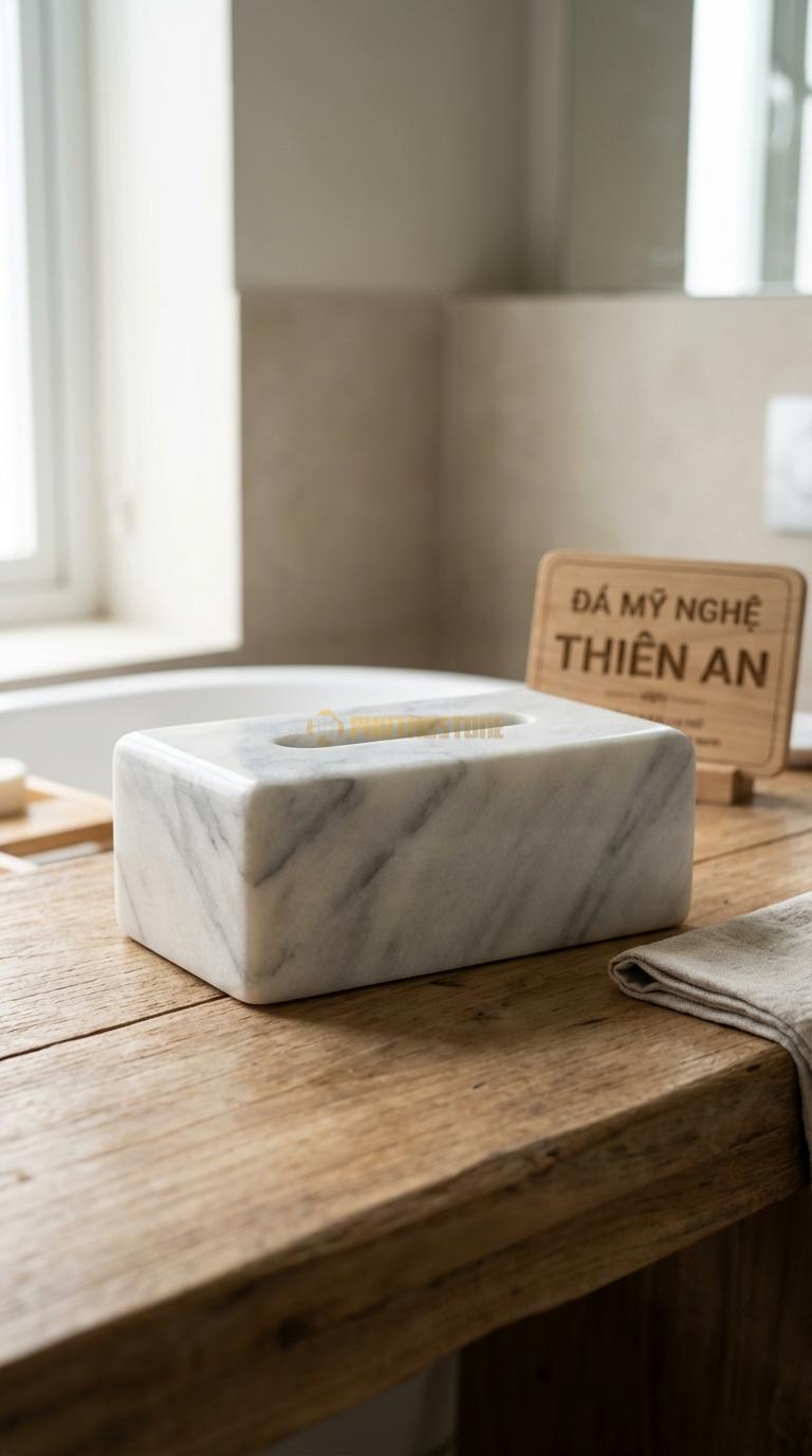 Hộp Giấy Đá Trắng Xanh Trơn Bóng Kính Không Chạm, Mài Bóng Lộ Vân Đá Tự Nhiên 100% 23cm x 12cm x 10cm