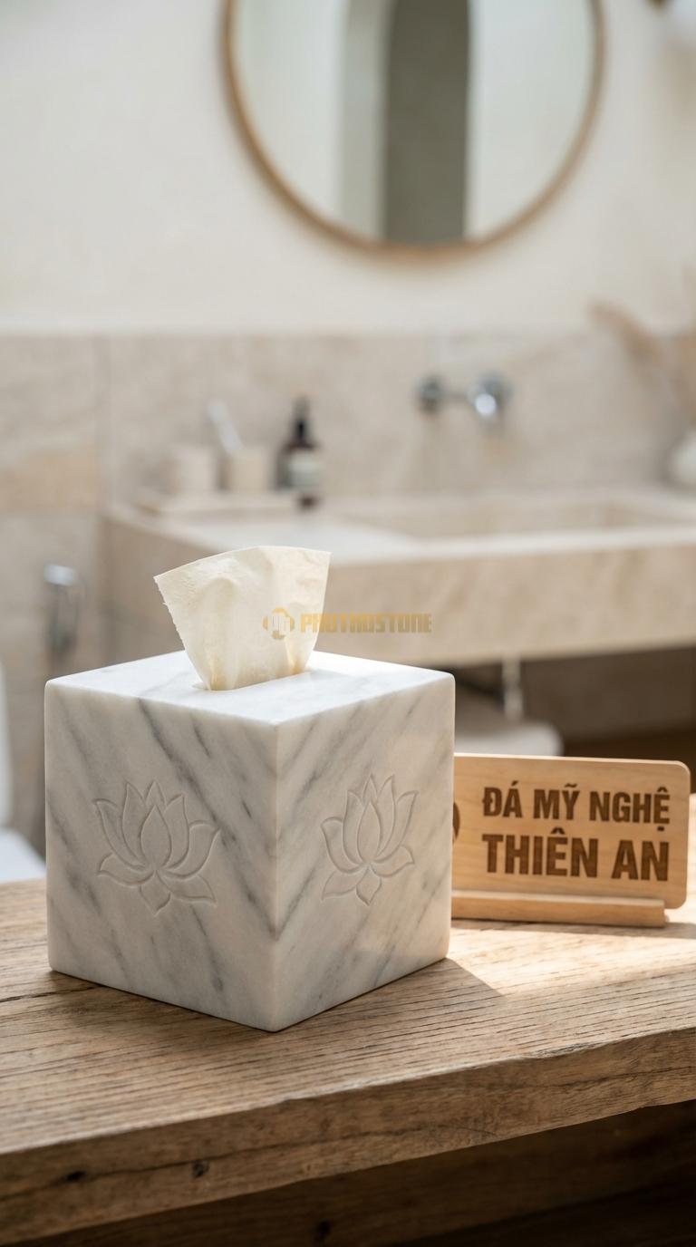 Hộp Giấy Đá Trắng Xanh Vuông (Giấy Rút) Mẫu Vuông Vắn, Chạm Hoa Sen 4 Mặt 14cm x 14cm x 14cm