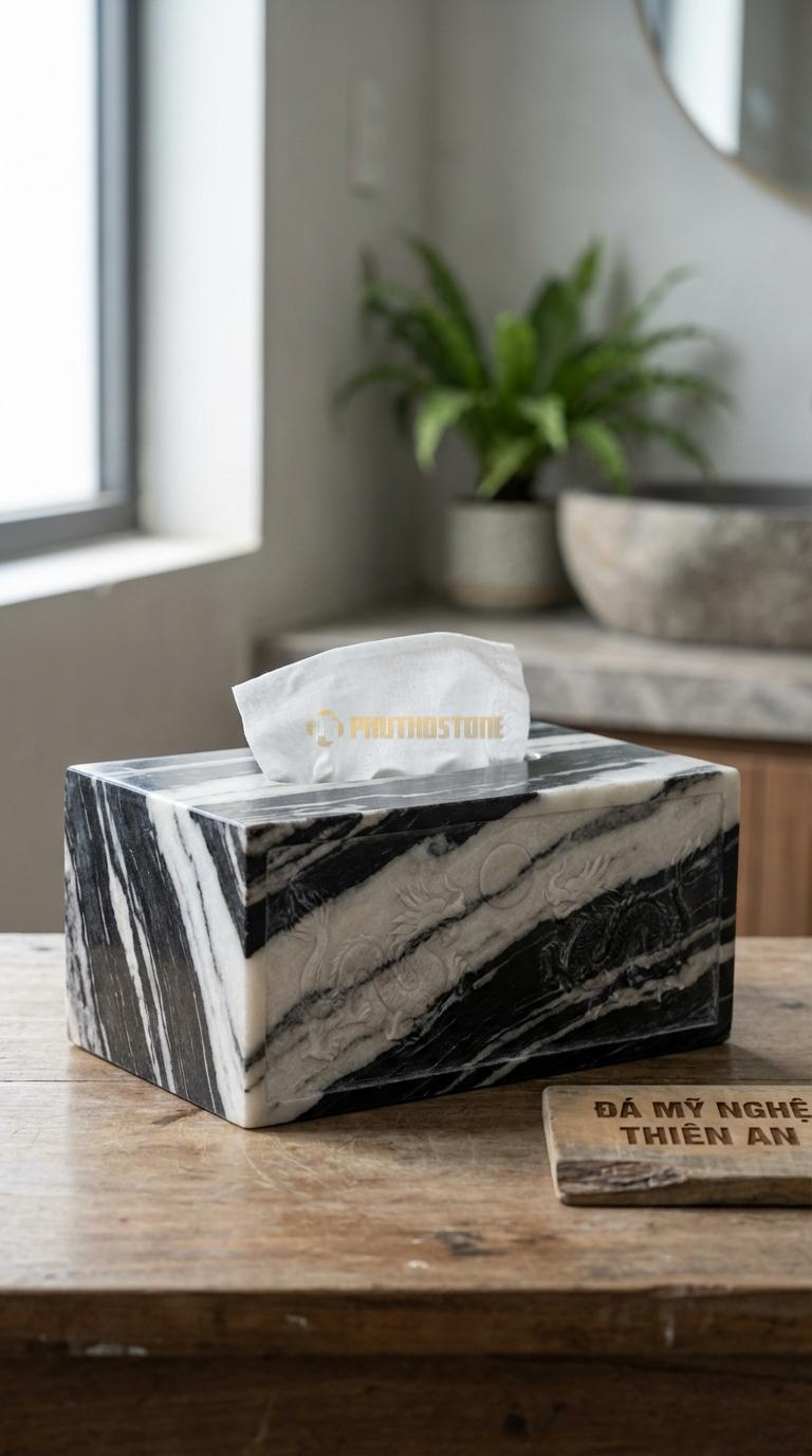 Hộp Giấy Đá Tuyết Sơn Chạm Rồng Nổi Song Long Chầu Nguyệt (Rồng Nổi Khối 3D) 25cm x 14cm x 12cm