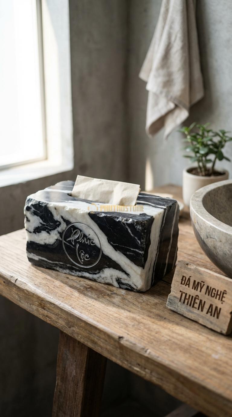 Hộp Giấy Đá Tuyết Sơn Chữ Phúc – Lộc Chữ Hán Hoặc Việt Thư Pháp Trong Khung Tròn 24cm x 13cm x 11cm