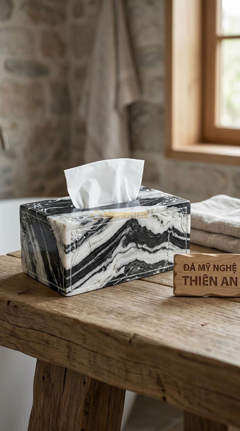 Hộp Giấy Đá Tuyết Sơn Giả Cổ (Rạn) Xử Lý Bề Mặt Nứt Rạn Giả Cổ, Chạm Hoa Dây 23cm x 13cm x 10cm
