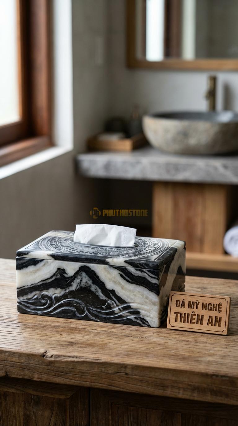 Hộp Giấy Đá Tuyết Sơn Trống Đồng Mặt Nắp/Thân Chạm Hoa Văn Trống Đồng Đôn G Sơn 23cm x 12cm x 10cm