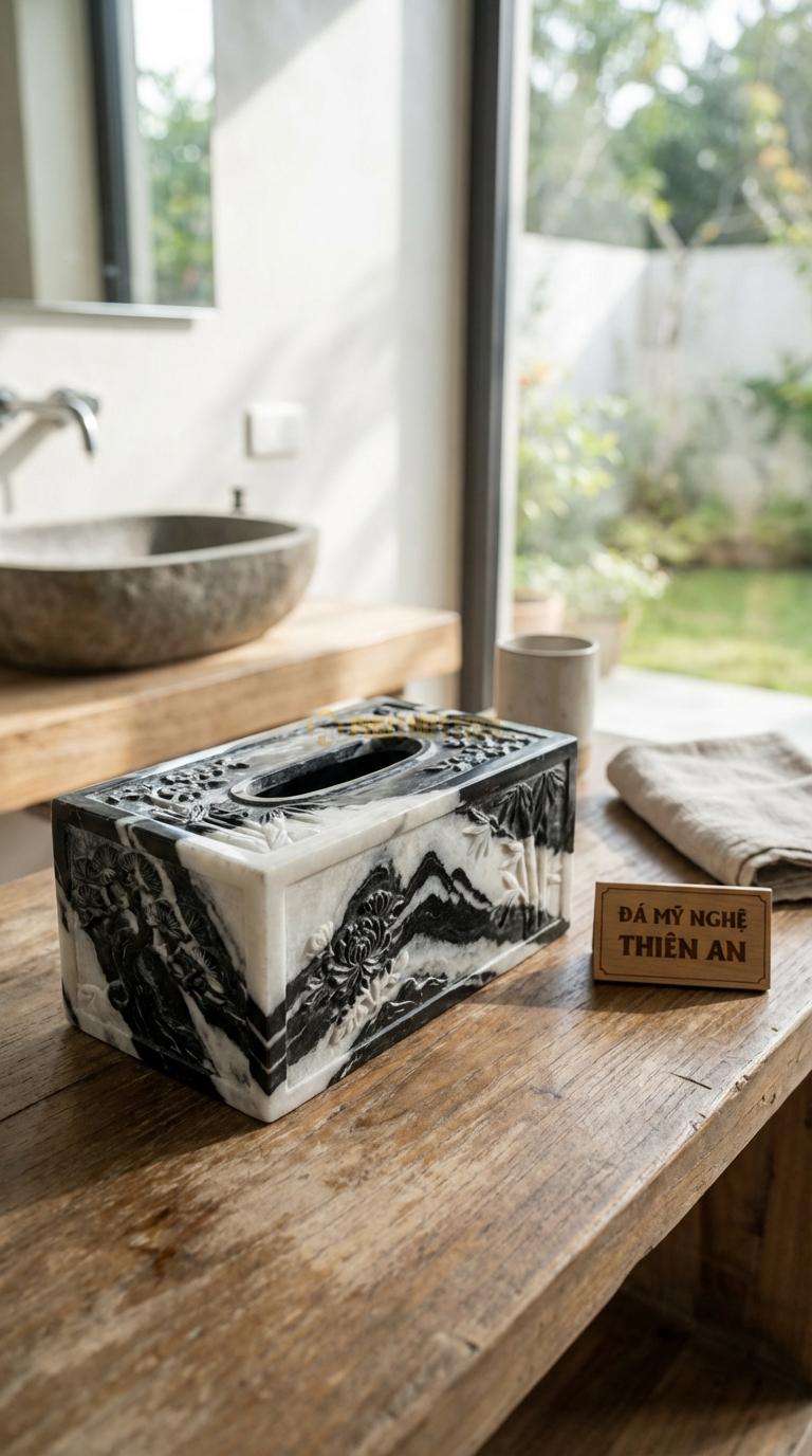 Hộp Giấy Đá Tuyết Sơn Tứ Quý Tùng Cúc Chạm 4 Mặt Tranh Tứ Quý (Tùng – Cúc – Trúc – Mai) 24cm x 13cm x 11cm