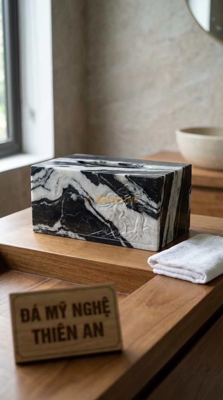 Hộp Giấy Đá Tuyết Sơn Tùng Hạc Chạm Cảnh Tùng Hạc Diên Niên (Tỉa Nét Chìm) 24cm x 13cm x 11cm