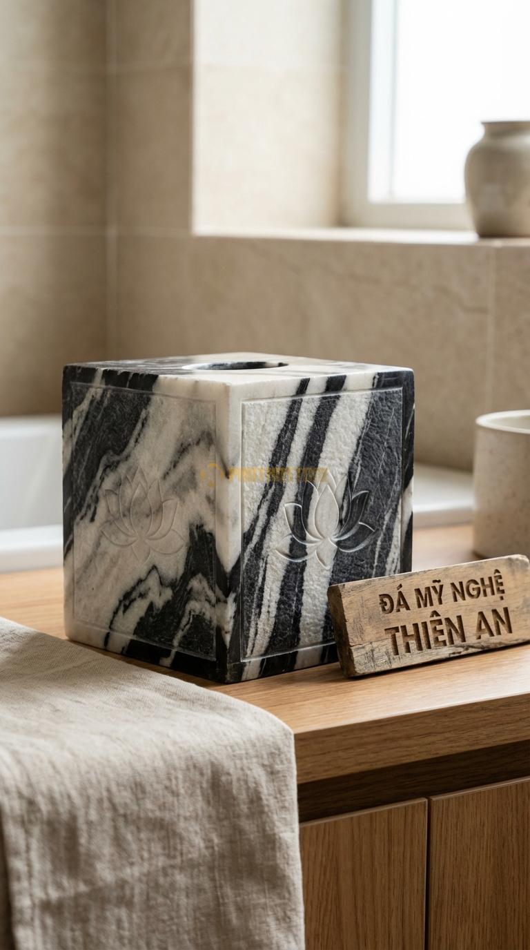 Hộp Giấy Đá Tuyết Sơn Vuông (Giấy Rút) Mẫu Vuông Vắn, Chạm Hoa Sen 4 Mặt 14cm x 14cm x 14cm