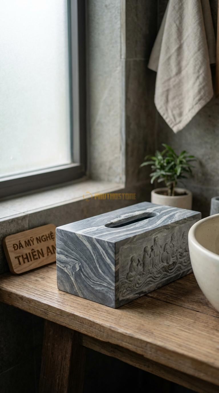 Hộp Giấy Đá Vân Mây Bát Tiên Chạm Sự Tích Bát Tiên Quá Hải (8 Vị Tiên) 26cm x 14cm x 12cm (Đại)