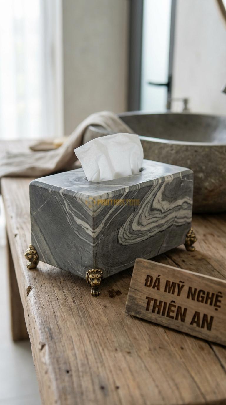 Hộp Giấy Đá Vân Mây Có Chân Đế Có 4 Chân Đế Đồng Hoặc Đá Chạm Đầu Lân 24cm x 14cm x 13cm (Cao Hơn)
