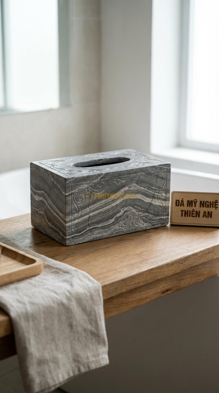 Hộp Giấy Đá Vân Mây Giả Cổ (Rạn) Xử Lý Bề Mặt Nứt Rạn Giả Cổ, Chạm Hoa Dây 23cm x 13cm x 10cm