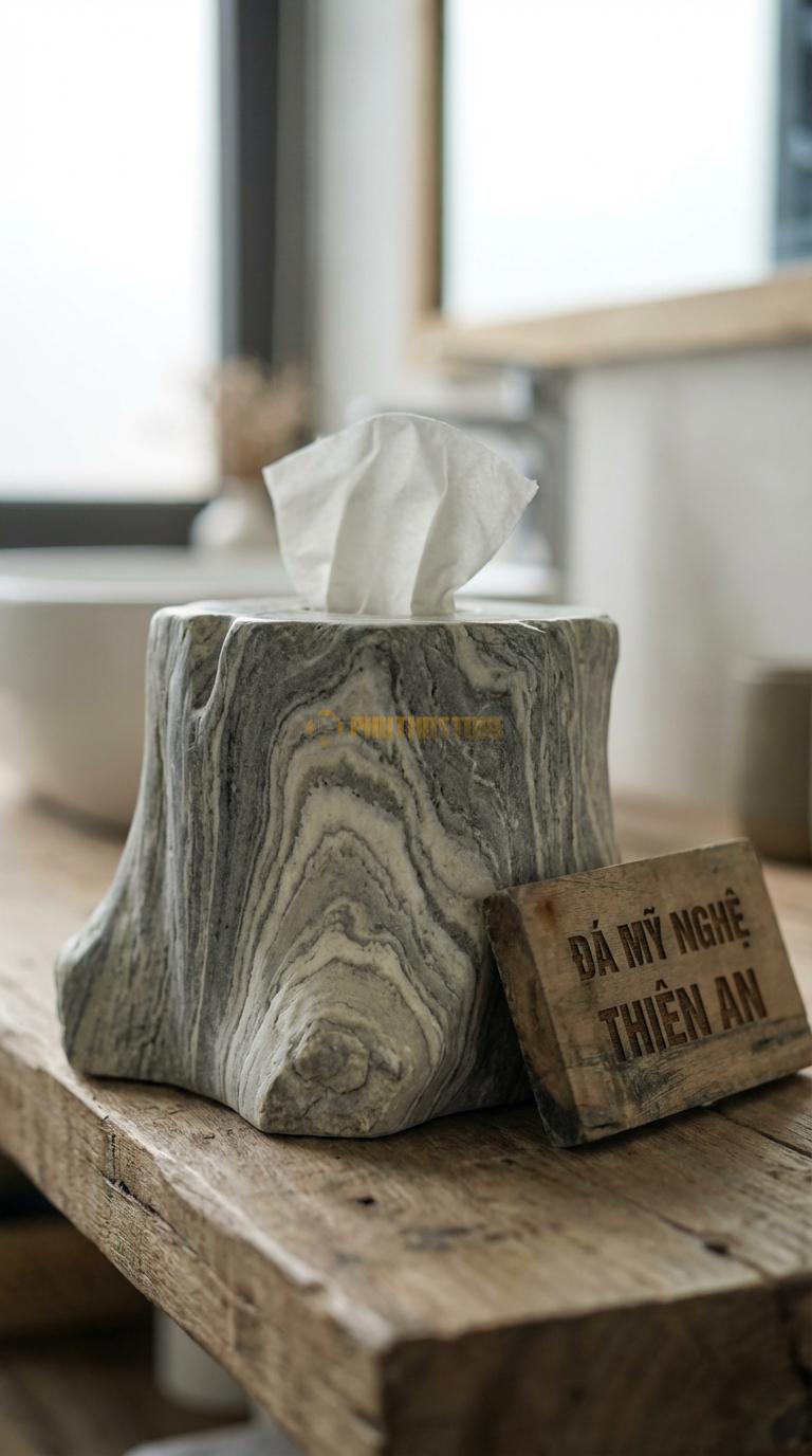 Hộp Giấy Đá Vân Mây Hình Gốc Cây Chạm Khắc Sần Sùi Giả Gốc Cây Cổ Thụ 24cm x 14cm x 11cm