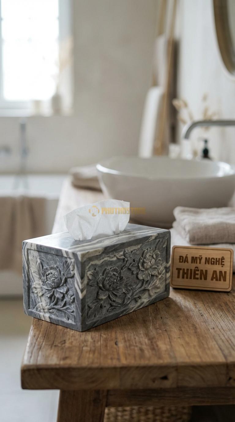 Hộp Giấy Đá Vân Mây Hoa Mẫu Đơn Chạm Dây Hoa Mẫu Đơn Phú Quý Nở Rộ 24cm x 13cm x 11cm