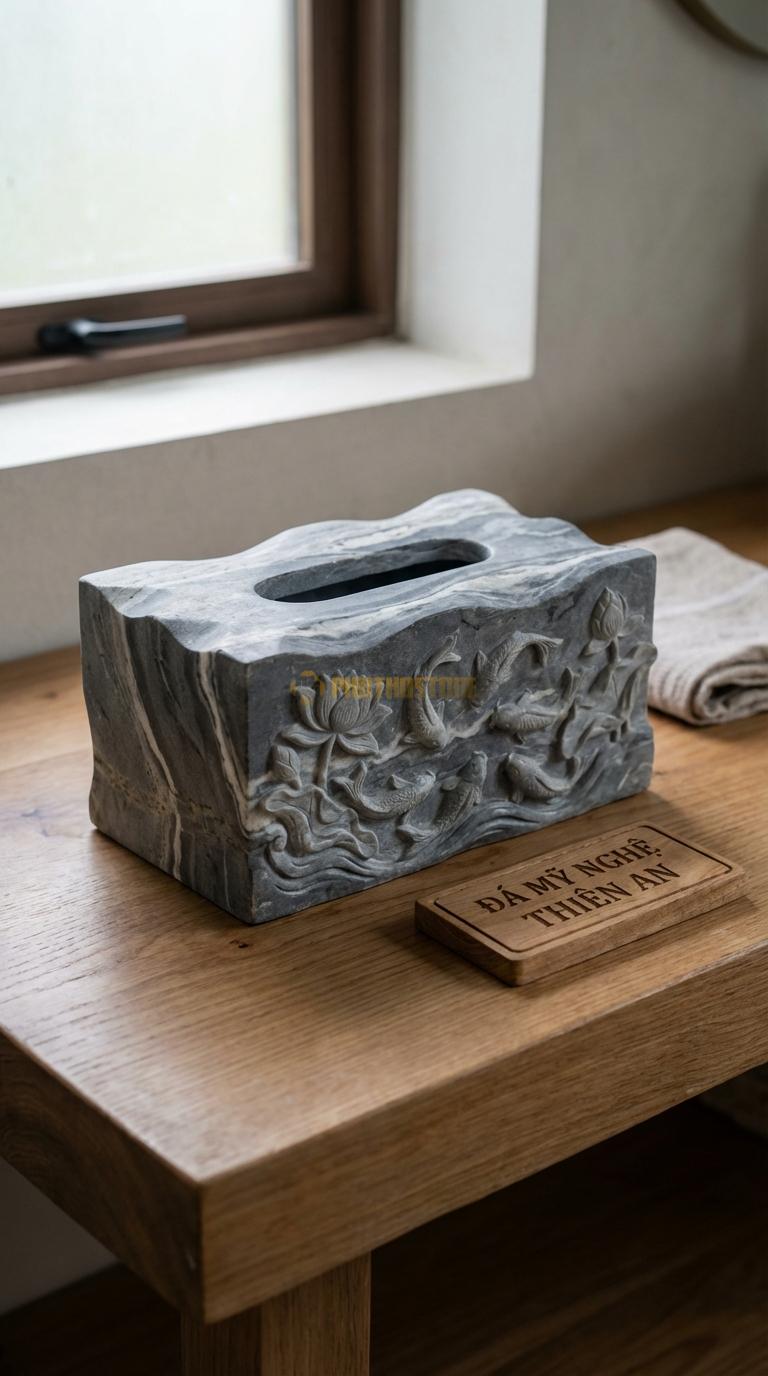 Hộp Giấy Đá Vân Mây Hoa Sen Cá Chép Bức Tranh “Cửu Ngư Quần Hội” (Sen & Cá) 24cm x 13cm x 11cm