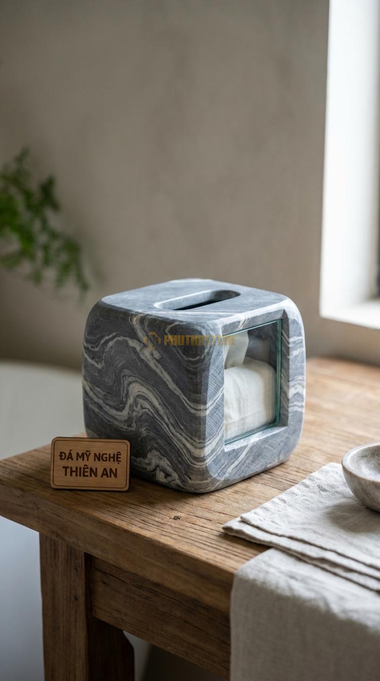 Hộp Giấy Đá Vân Mây Mặt Kính Kết Hợp Đá Và Một Mặt Kính Nhìn Xuyên 15cm x 15cm x 14cm