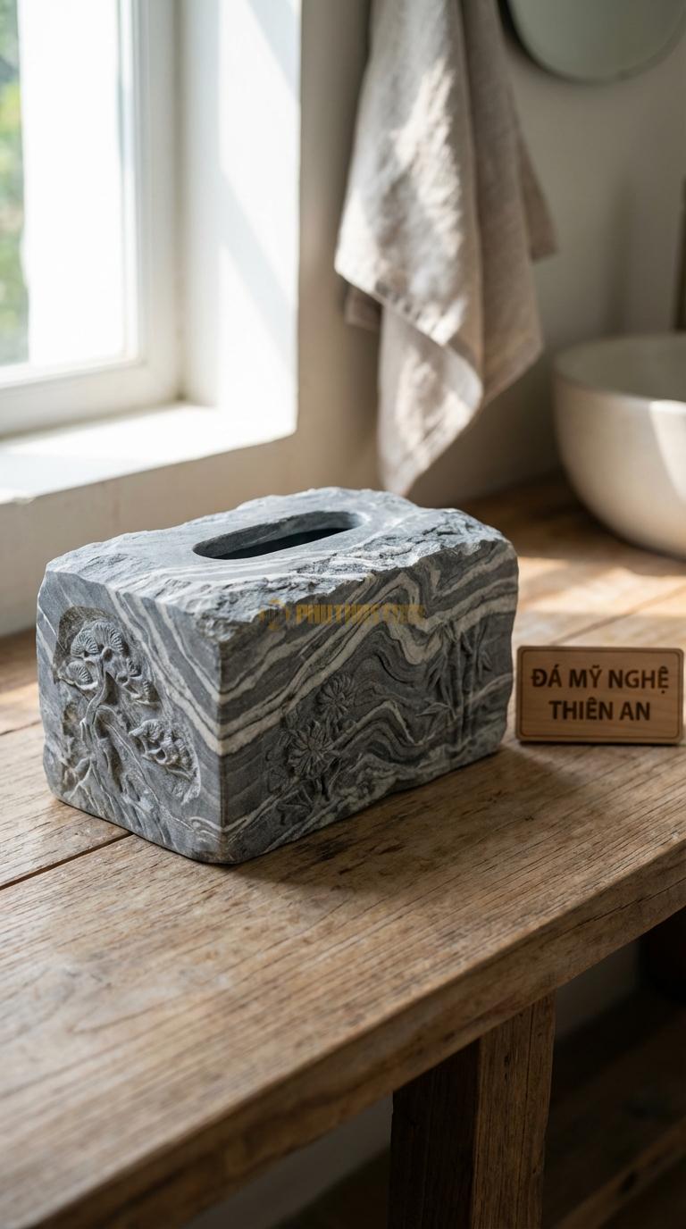 Hộp Giấy Đá Vân Mây Tứ Quý Tùng Cúc Chạm 4 Mặt Tranh Tứ Quý (Tùng – Cúc – Trúc – Mai) 24cm x 13cm x 11cm