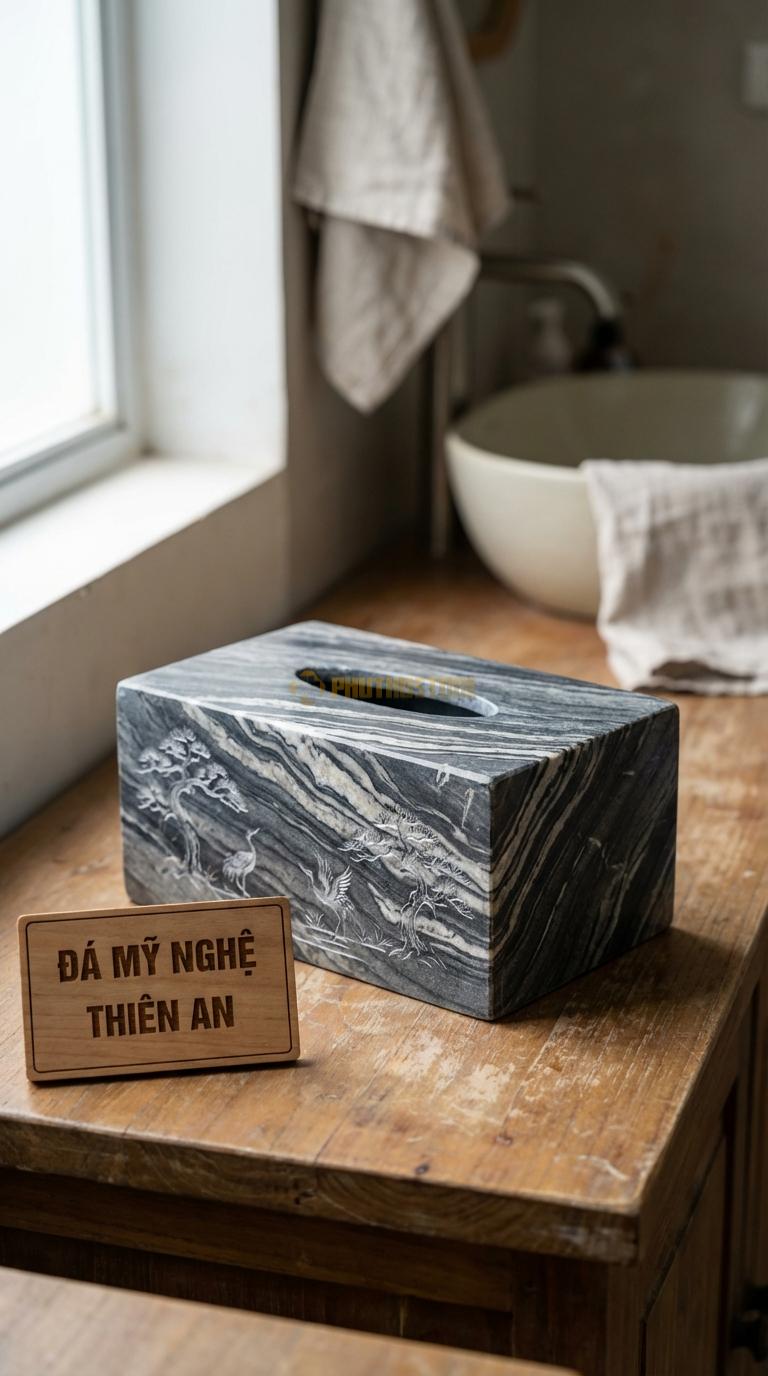 Hộp Giấy Đá Vân Mây Tùng Hạc Chạm Cảnh Tùng Hạc Diên Niên (Tỉa Nét Chìm) 24cm x 13cm x 11cm