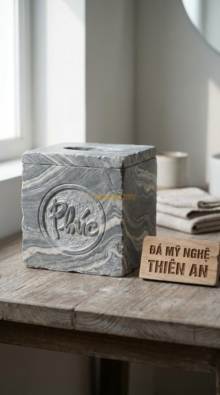 Hộp Giấy Đá Vân Mây Vuông Chạm Phúc Chữ Phúc Tròn Ở Mặt Trước Hộp 14cm x 14cm x 14cm