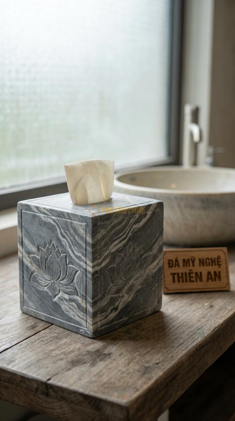 Hộp Giấy Đá Vân Mây Vuông (Giấy Rút) Mẫu Vuông Vắn, Chạm Hoa Sen 4 Mặt 14cm x 14cm x 14cm