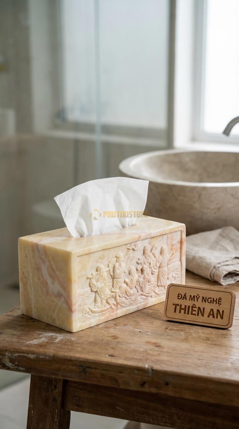 Hộp Giấy Đá Vàng Nghệ An Bát Tiên Chạm Sự Tích Bát Tiên Quá Hải (8 Vị Tiên) 26cm x 14cm x 12cm (Đại)