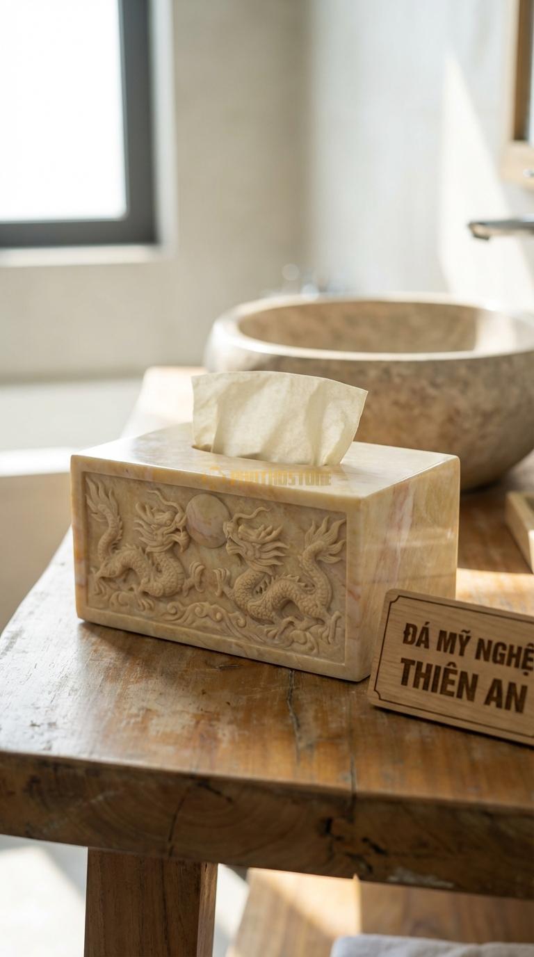 Hộp Giấy Đá Vàng Nghệ An Chạm Rồng Nổi Song Long Chầu Nguyệt (Rồng Nổi Khối 3D) 25cm x 14cm x 12cm
