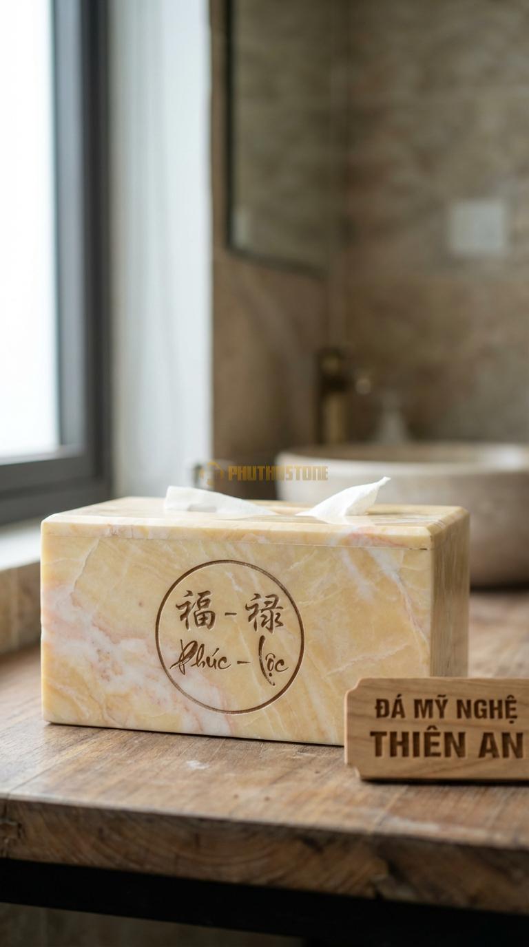 Hộp Giấy Đá Vàng Nghệ An Chữ Phúc – Lộc Chữ Hán Hoặc Việt Thư Pháp Trong Khung Tròn 24cm x 13cm x 11cm