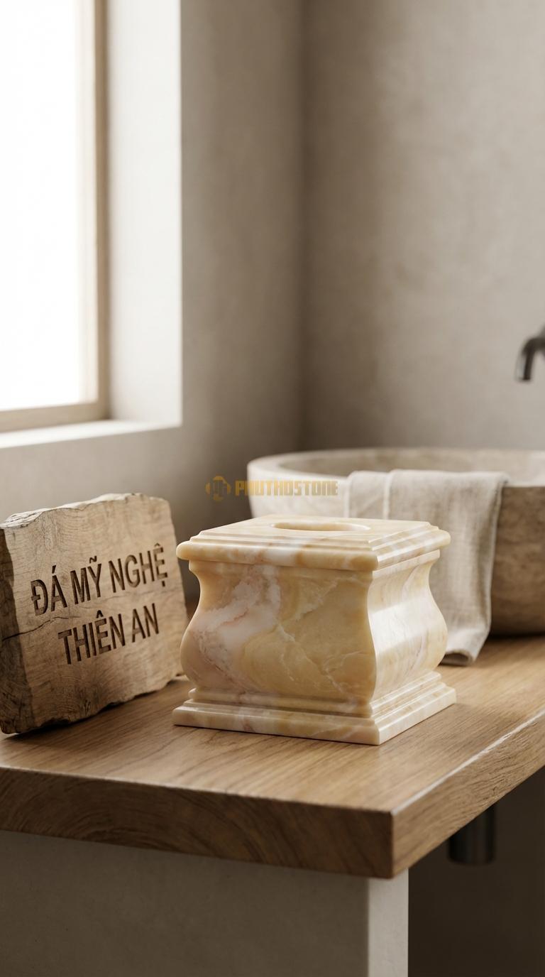 Hộp Giấy Đá Vàng Nghệ An Dáng Tân Cổ Điển Phào Chỉ Uốn Lượn Theo Phong Cách Hoàng Gia 16cm x 16cm x 15cm