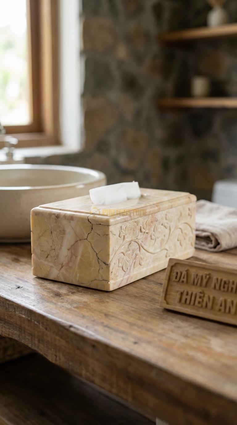 Hộp Giấy Đá Vàng Nghệ An Giả Cổ (Rạn) Xử Lý Bề Mặt Nứt Rạn Giả Cổ, Chạm Hoa Dây 23cm x 13cm x 10cm