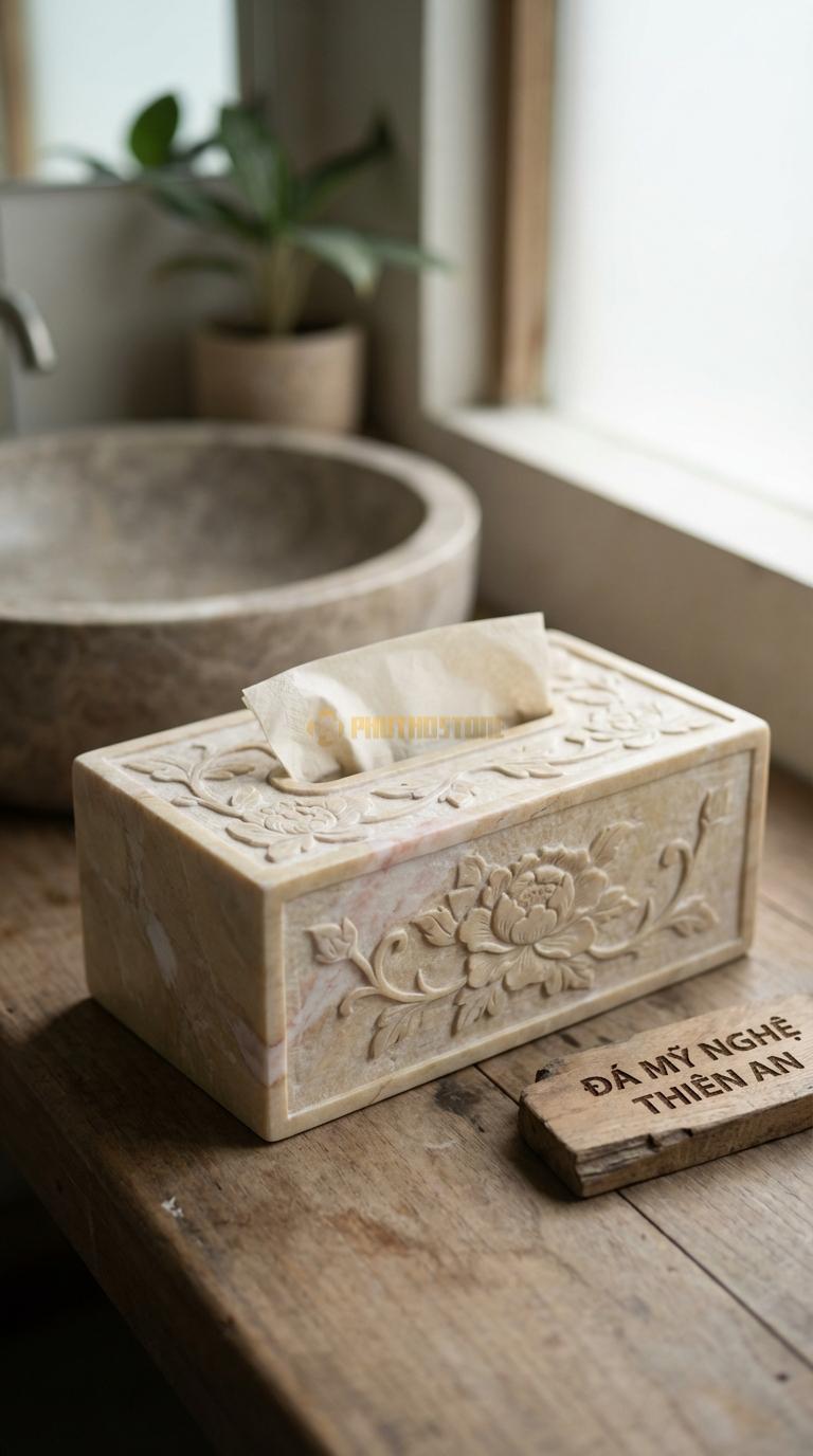 Hộp Giấy Đá Vàng Nghệ An Hoa Mẫu Đơn Chạm Dây Hoa Mẫu Đơn Phú Quý Nở Rộ 24cm x 13cm x 11cm