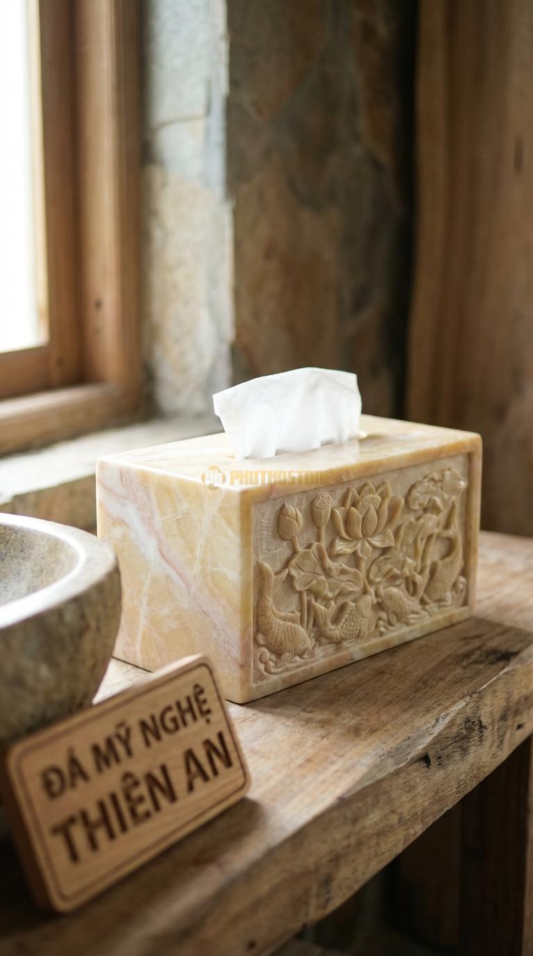 Hộp Giấy Đá Vàng Nghệ An Hoa Sen Cá Chép Bức Tranh “Cửu Ngư Quần Hội” (Sen & Cá) 24cm x 13cm x 11cm