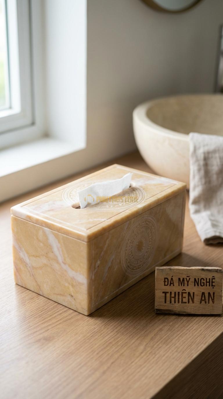 Hộp Giấy Đá Vàng Nghệ An Trống Đồng Mặt Nắp/Thân Chạm Hoa Văn Trống Đồng Đôn G Sơn 23cm x 12cm x 10cm