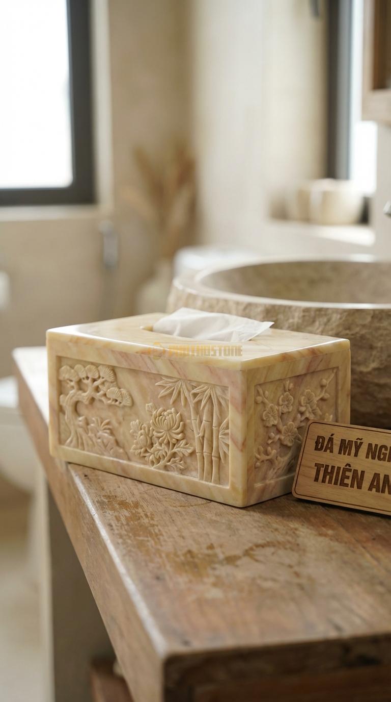 Hộp Giấy Đá Vàng Nghệ An Tứ Quý Tùng Cúc Chạm 4 Mặt Tranh Tứ Quý (Tùng – Cúc – Trúc – Mai) 24cm x 13cm x 11cm