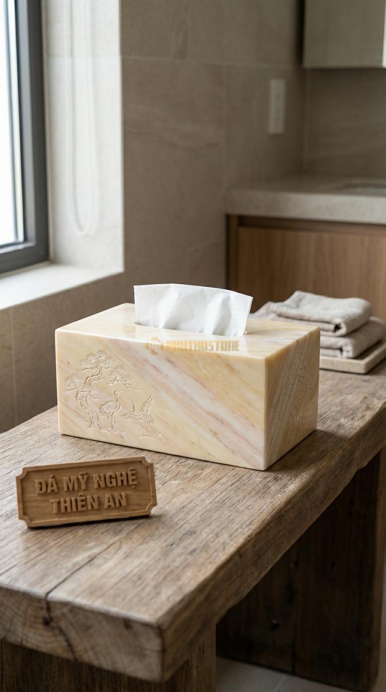 Hộp Giấy Đá Vàng Nghệ An Tùng Hạc Chạm Cảnh Tùng Hạc Diên Niên (Tỉa Nét Chìm) 24cm x 13cm x 11cm