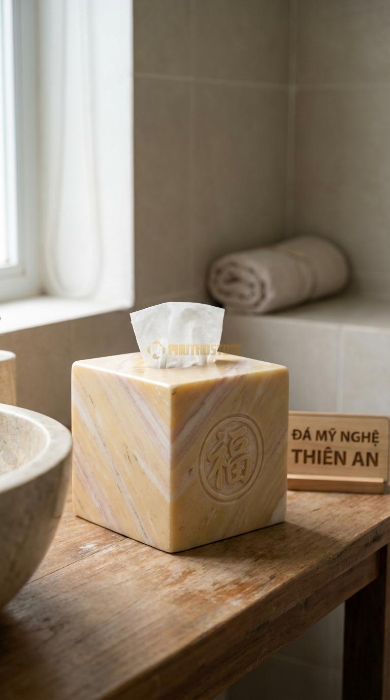 Hộp Giấy Đá Vàng Nghệ An Vuông Chạm Phúc Chữ Phúc Tròn Ở Mặt Trước Hộp 14cm x 14cm x 14cm