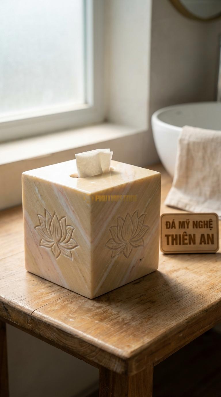 Hộp Giấy Đá Vàng Nghệ An Vuông (Giấy Rút) Mẫu Vuông Vắn, Chạm Hoa Sen 4 Mặt 14cm x 14cm x 14cm