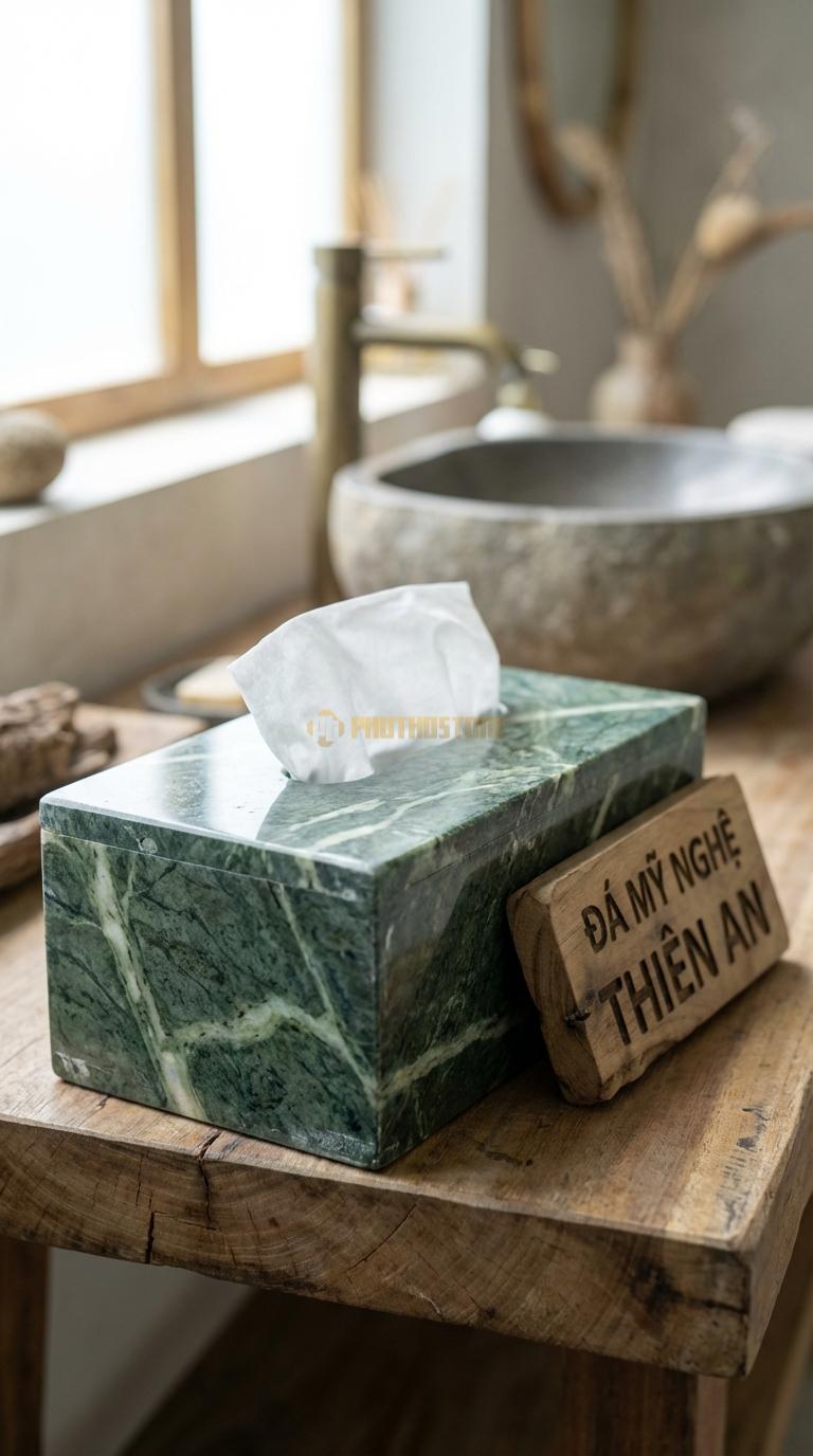 Hộp Giấy Đá Xanh Ấn Chữ Phúc – Lộc Chữ Hán Hoặc Việt Thư Pháp Trong Khung Tròn 24cm x 13cm x 11cm