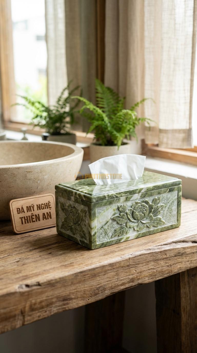 Hộp Giấy Đá Xanh Ấn Hoa Mẫu Đơn Chạm Dây Hoa Mẫu Đơn Phú Quý Nở Rộ 24cm x 13cm x 11cm