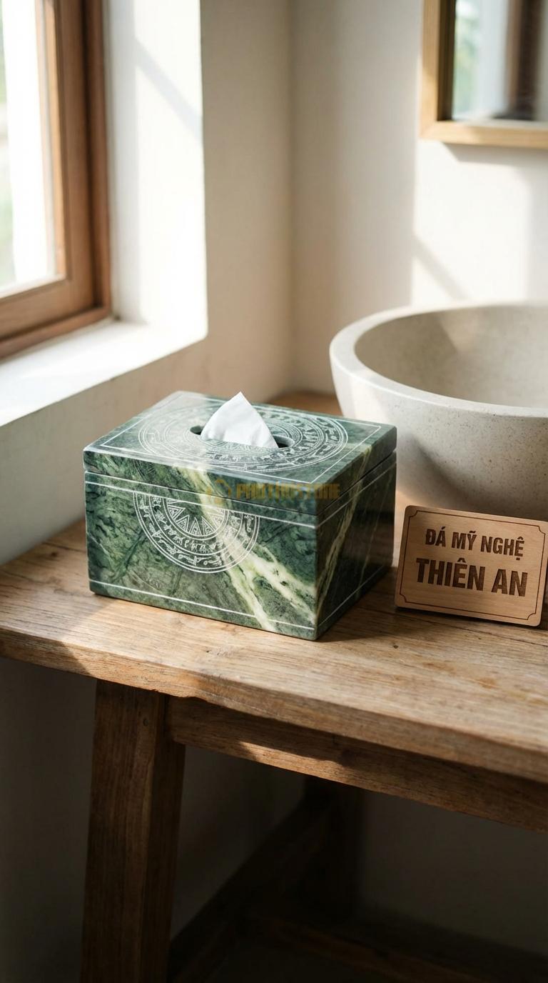 Hộp Giấy Đá Xanh Ấn Trống Đồng Mặt Nắp/Thân Chạm Hoa Văn Trống Đồng Đôn G Sơn 23cm x 12cm x 10cm